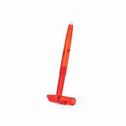 A red pen, with a transparent body and a click mechanism, rests upright beside its cap.