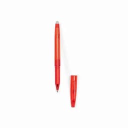 A red pen with a clear body and removable cap, featuring a contrasting grey rubber grip.