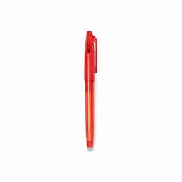 A red pen with a transparent body and a clip on the cap. It features a smooth, rounded tip for writing.