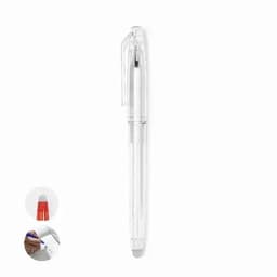 A transparent pen with a blue ink refill and a stylus tip, featuring a clip for attaching to items.