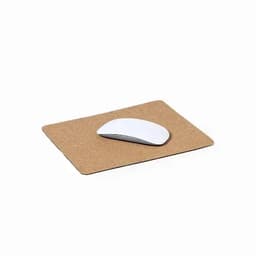 A mouse pad in a natural cork colour with a white mouse resting on top.