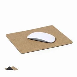 A mouse pad in a natural cork colour with a white wireless mouse on top. The product has a simple design.