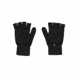 A pair of black, fingerless gloves with a flap covering the fingertips and buttons on the wrist.
