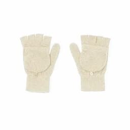 Fingerless gloves in a soft cream colour, featuring a fold-over flap and a button detail. Crafted from a textured material.