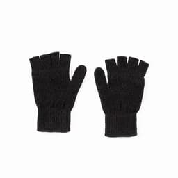 A pair of black fingerless gloves with ribbed cuffs, displayed open with both gloves visible.