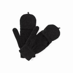 A pair of black knitted mittens with a soft texture and a cuff design, featuring a loop for hanging.