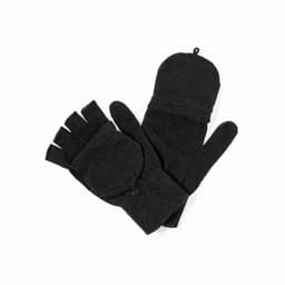 A pair of black gloves featuring a fingerless design and a fold-over mitten cover. The gloves have a textured finish.