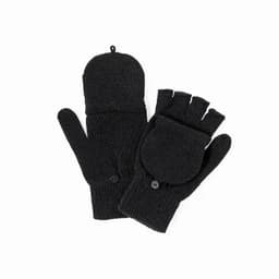 A pair of black mittens with foldable fingertips and button details. The gloves are knitted and warm in appearance.