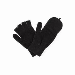 A pair of black gloves featuring a fingerless design and a flap for finger coverage.