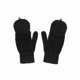 A pair of black knitted mittens with a fold-over cuff and buttons.