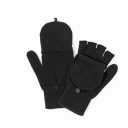 A pair of black gloves featuring fingerless design with a flap cover and buttons. The material appears warm and knitted.