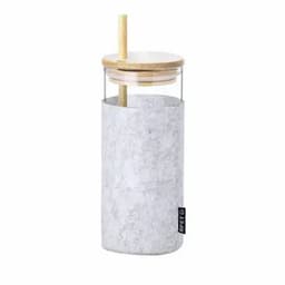 A drink bottle with a clear glass body, bamboo lid, a straw, and a textured grey sleeve. It features a logo.