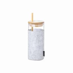 A drink bottle with a transparent glass body, grey felt sleeve, bamboo lid, and a straw. It features a logo.