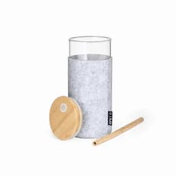 A drink bottle featuring a transparent glass exterior, a grey sleeve, a wooden lid, and a bamboo straw.