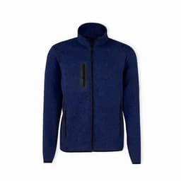 A zip-up jacket in navy blue with two side pockets and a chest pocket, featuring a logo on the chest area.