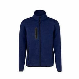 A jacket in navy blue with a zippered front and two side pockets, featuring a black zipper accent.