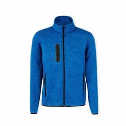 A zip-up jacket in bright blue, featuring a collar and zippered chest and side pockets. The fabric has a textured appearance.