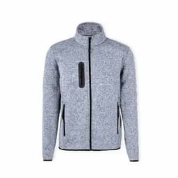 A grey zip-up jacket with a high collar and black zippered pockets, featuring a sleek design.