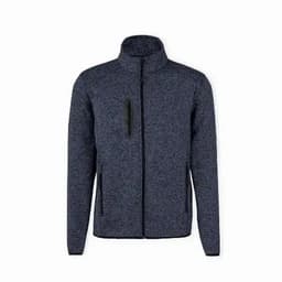 A zip-up jacket in dark navy with a textured appearance and black zipper pockets. Features a high collar.