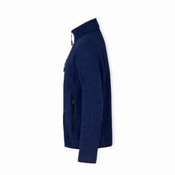 A navy polar fleece jacket with a zipper and a collar, featuring a small logo.