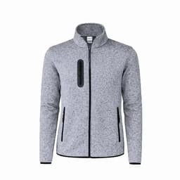 A grey polar fleece jacket with a zip front, collar, and two side pockets. It features a logo on the chest.