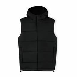 A black padded sleeveless vest with a hood and two front pockets. The vest has a smooth finish and no visible branding.