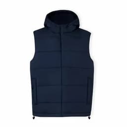 A navy blue puffer vest with a hood and two side pockets. Features a minimalist design and subtle branding.
