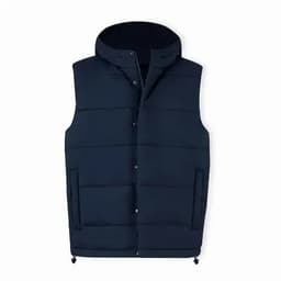 A navy blue puffer vest with a hood and snap buttons, featuring two side pockets.