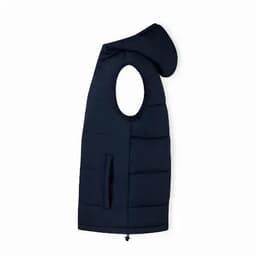 A sleeveless hooded puffer vest in navy blue, featuring a zip closure and side pockets.