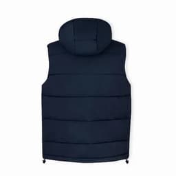 A navy puffer vest with a hood, featuring horizontal stitching and adjustable drawcords at the hem.