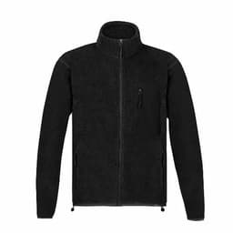 A black fleece jacket with a full front zip and a chest pocket, featuring a soft texture and stand-up collar.