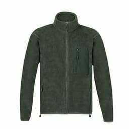 A green fleece jacket featuring a high collar and zippered front pocket, with additional side pockets.
