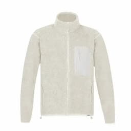 A fleece jacket in light beige with a zip-front, high collar, and a chest pocket. It features a logo on the sleeve.