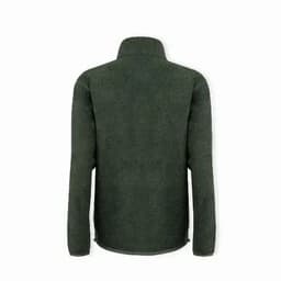 A green fleece jacket with a high collar and long sleeves, featuring a soft, textured surface.