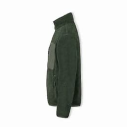 A green fleece jacket with a high collar and zip pockets, shown from the side.