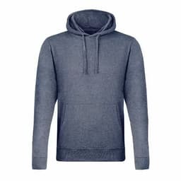 A navy blue hoodie featuring a front pocket and drawstring hood, designed for casual wear. It has a simple logo.