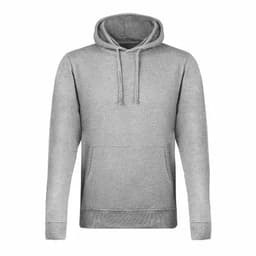 A grey hoodie with a front pocket and a drawstring hood, featuring a logo on the upper chest area.