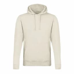 A beige hoodie featuring a front pocket and a drawstring hood, with a logo displayed on the front.