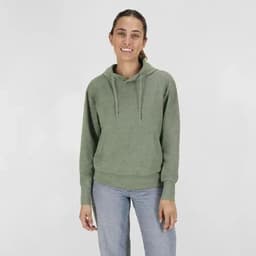 A green hoodie with a kangaroo pouch and drawstring hood, featured on a woman standing against a neutral background.
