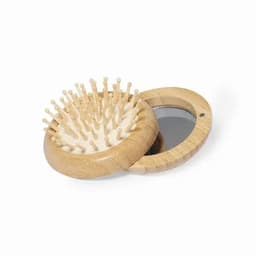 A wooden hairbrush with pegs and a round mirror, featuring a natural wood finish.
