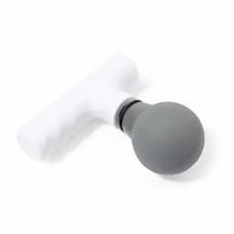 A massage gun with a white handle and a grey spherical attachment. It includes a branding logo.