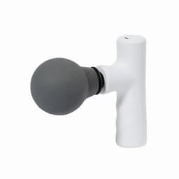 A massage device with a grey round head and a white handle, designed for muscle relief.