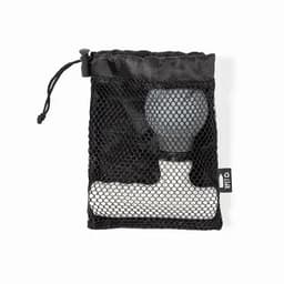 A drink bottle in a mesh carrying pouch, featuring a black and white design. The pouch has a drawstring closure.