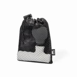 A drink bottle in a black mesh bag, featuring a black top and a white base. The bag has a drawstring closure.