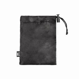 A black drawstring pouch with a textured surface and a small logo tag at the bottom.