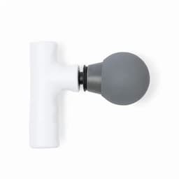 A massage gun attachment with a white handle and a grey spherical tip. It has a simple, ergonomic design.