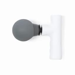 A massage device with a grey round head and a white handle, featuring a simple design and ergonomic shape.
