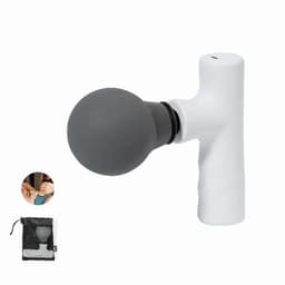 A massage tool with a grey round head and a white handle, accompanied by a storage bag.