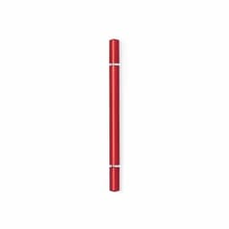 A drink bottle in a sleek, red design with a silver band and a minimalistic shape. Features a branding logo.