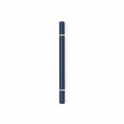 A drink bottle in navy blue with silver accents and a sleek, minimal design. It features a logo.